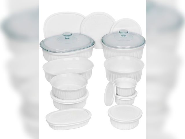 Lot 96-173541 - CorningWare French White 20-Pc Ceramic Bakeware Set with Lids Chip and Crack Resistant Stoneware Bak...