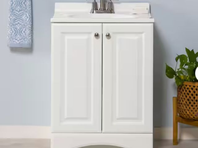 Lot 96-163232 - Glacier Bay 25 in. Single Sink White Bath Vanity with Cultured Marble Top (Assembled) New MSRP $149