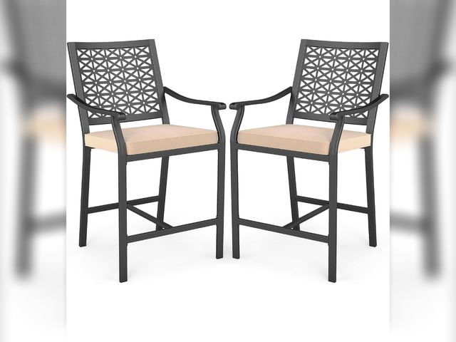 Lot 96-226917 - COSTWAY Set of 2 Outdoor Bar Stools, 25" Patio Tall Chairs w/Seat Cushions, Armrests &amp; Footrest,...