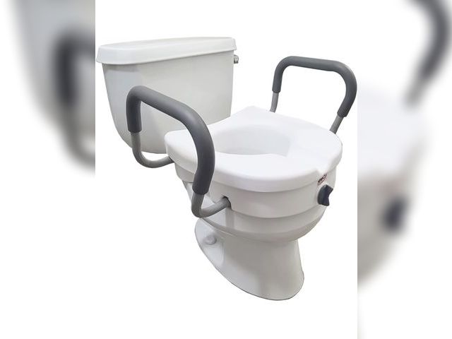 Lot 96-176923 - Carex E-Z Lock Raised Toilet Seat With Handles, 5" Toilet Seat Riser with Arms, Handicap Raised Toil...