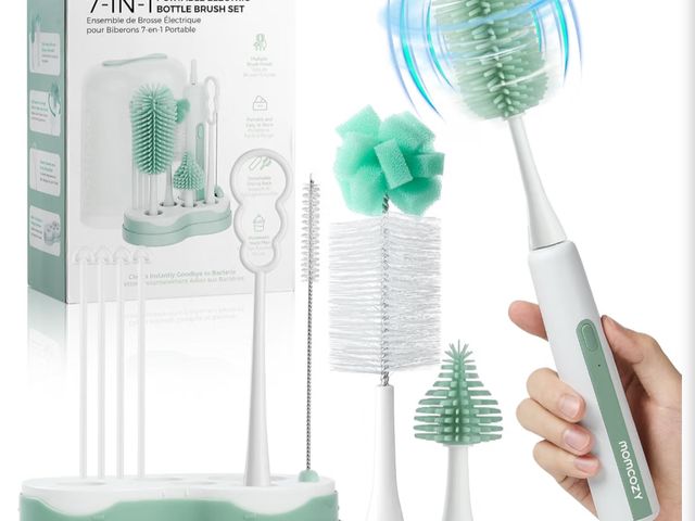 Lot 96-230735 - Momcozy Electric Baby Bottle Brush Set, 7-in-1 Cleaner with Rack, Green Dual-Rotation Deep Clean, 2-...