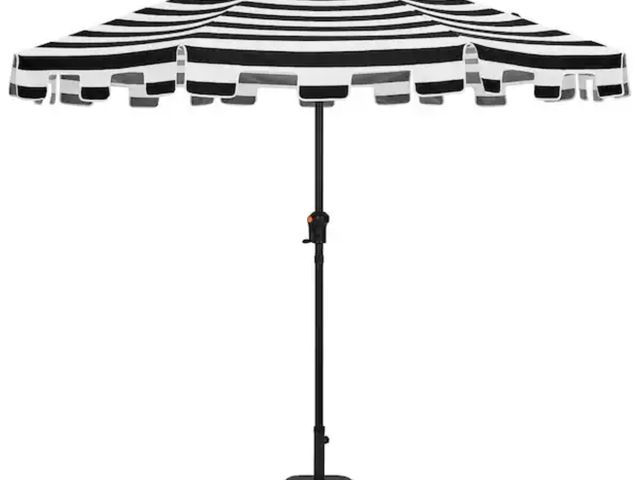 Lot 96-232742 - Hampton Bay 9 ft. Aluminum Market Crank and Auto-Tilt Patio Umbrella in Cabana Black and White Strip...