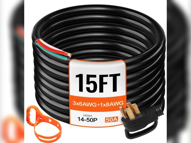 Lot 96-191904 - VEVOR 15 ft 50A RV Camp Power Cord Generator Cord 6/3+8/1 AWG NEMA 14-50P to Bare Wire New