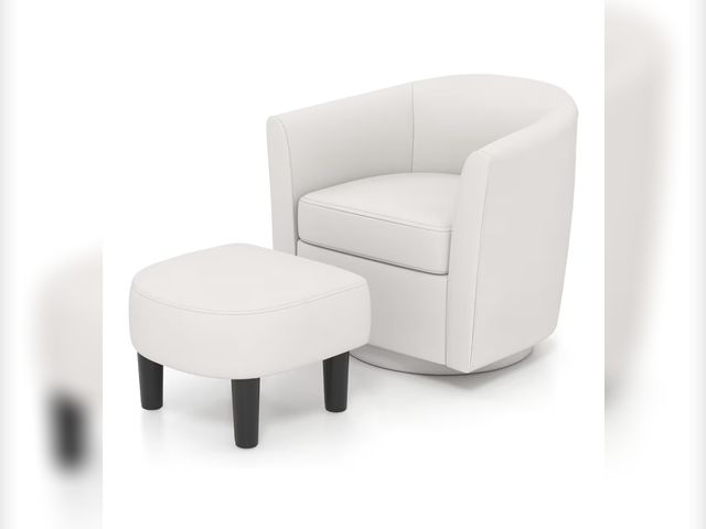 Lot 96-190077 - Swivel Accent Chair with Ottoman Footrest Curved Back and Cushioned Seat new MSRP $199