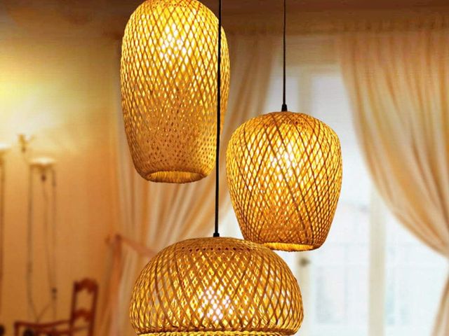 Lot 96-160755 - Bamboo Light Fixtures, 3 Headlights E26 E27 Retro Rustic Bamboo Wicker Rattan Chandelier Ceiling Han...