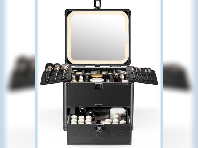 Lot 96-177671 - Qislee Makeup Box with Drawer and A Detachable Lighted Mirror, Waterproof Travel Train Case, Cosmeti...