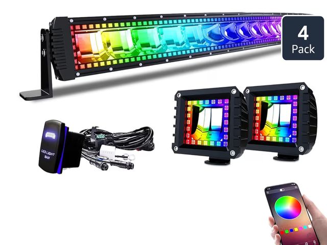 Lot 96-190295 - Lpteso RGBW Curved LED Light Bar 50Inch 288W Flood Spot Combo Beam 2PCS 4 Inch 18W Flood RGB LED Pod...