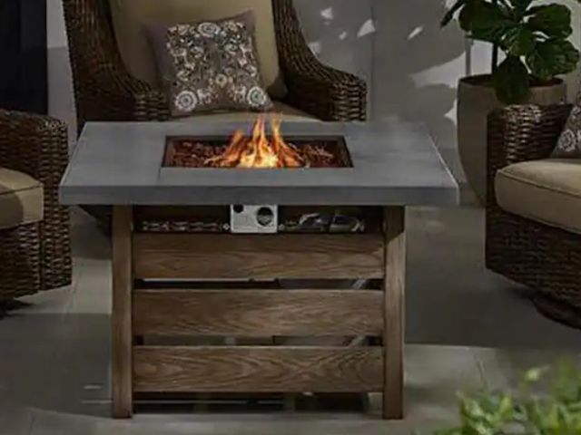 Lot 96-145329 - Summerfield Steel Propane Outdoor Fire Pit with Lava Rocks Brown Wood Grain Finish. NewMSRP $365