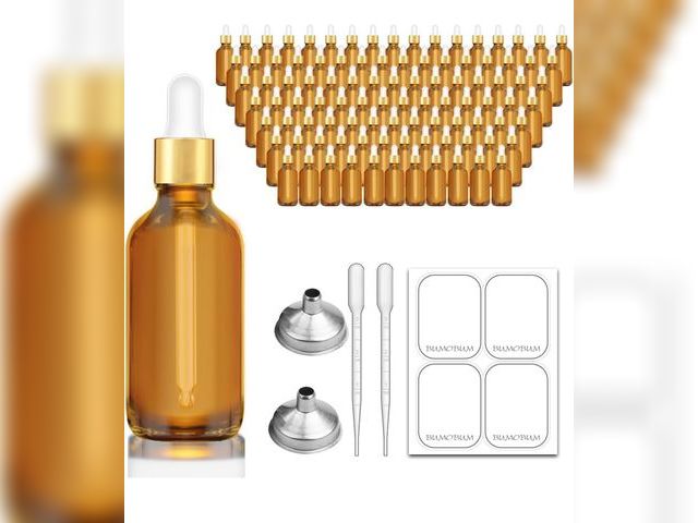 Lot 96-179077 - Bumobum 2 oz Dropper Bottle, Amber Glass Eye Dropper Bottles with Golden Top Cap for Essential Oils,...