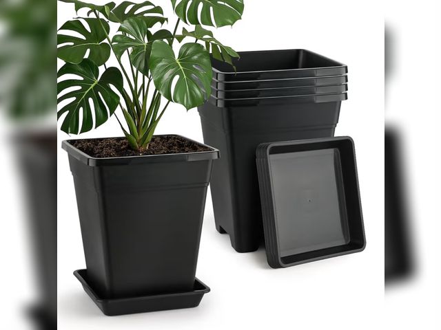 Lot 96-180198 - BTPLASTIK Plant Pots 10 Inch Set of 5, Large Square Plastic Planter with Drainage &amp; 10 Saucers, ...