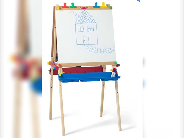 Lot 96-176561 - Melissa &amp; Doug Deluxe Wooden Art Easel for Kids with Dry-Erase Board, Chalkboard &amp; Drawing P...