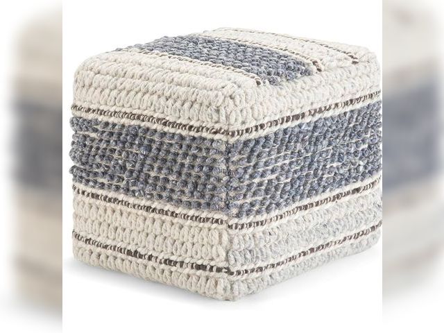 Lot 96-195249 - SIMPLIHOME Grady Square Pouf - 18 inch Wide Wool and Cotton Handloom Woven Ottoman in Blue and Natur...
