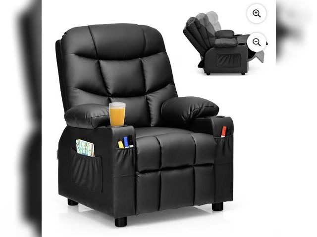 Lot 96-227615 - Costway Kids Youth Recliner Chair PU Leather w/Cup Holders &amp; Side Pockets Black MSRP $149 New