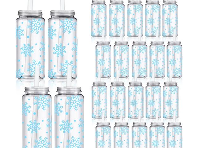 Lot 96-194167 - Whaline 24Pcs Winter Pink Snowflake Plastic Cups with Lids and Straws Clear Reusable Christmas Party...