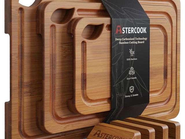 Lot 96-230580 - Astercook Deep-Carbonized Bamboo Cutting Boards for Kitchen with Wood Storage Stand, Reversible Char...