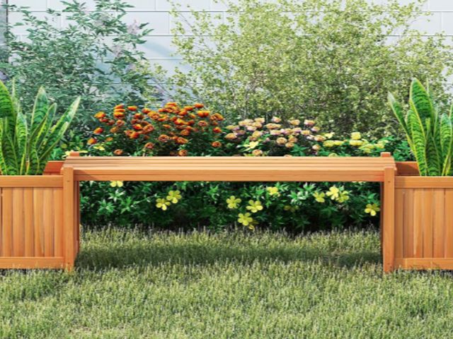 Lot 96-227557 - Outdoor Planter Bench, Wooden Planter Box with Bench, Raised Plant Container Garden Boxes for Outdoo...