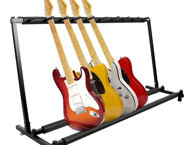 Lot 96-176133 - Kuyal Multi-Guitar Display Rack, Folding Stand for Band Stage, Bass &amp; Acoustic Guitars, Black (9...