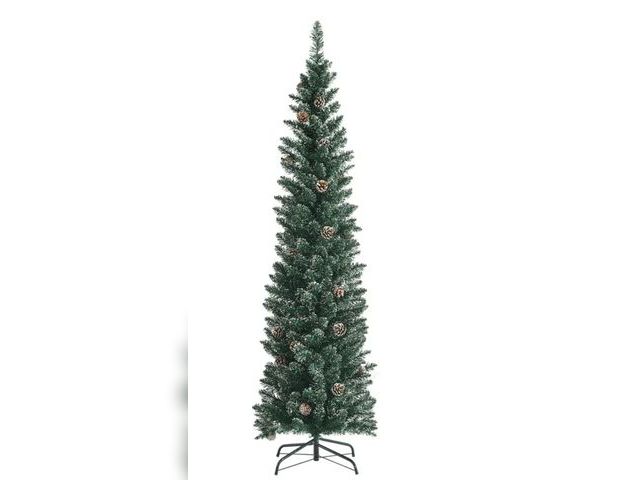 Lot 96-192284 - Costway 6ft Unlit Snowy PVC Artificial Slim Christmas Pencil Tree w/Pine Cones New