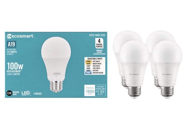 Lot 96-190028 - EcoSmart
100-Watt Equivalent A19
Dimmable LED Light Bulb with Selectable Color Temperature (4-Pack)
...