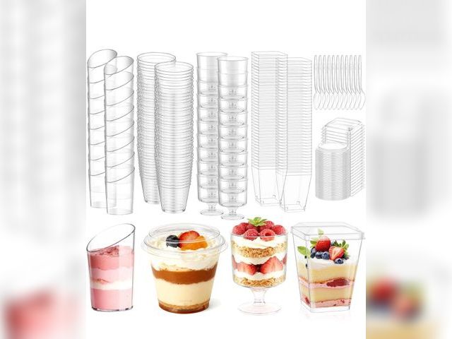 Lot 96-191331 - mwellewm 400 Pcs Dessert Cups with Lids and Spoons, 5 OZ Parfait Cups 3 OZ Plastic Desert Cups Clear...