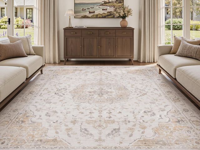 Lot 96-179924 - Vintage Area Rug 8X10 Rugs for Living Room-Soft Beige Rugs for Bedroom-Machine Washable Rug Non Slip...