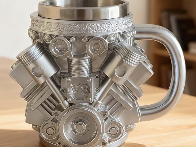Lot 96-232756 - V8 Engine Coffee Mug Insulated Stainless Steel, 3D Design with Pistons and Crankshaft Detail, Gift f...