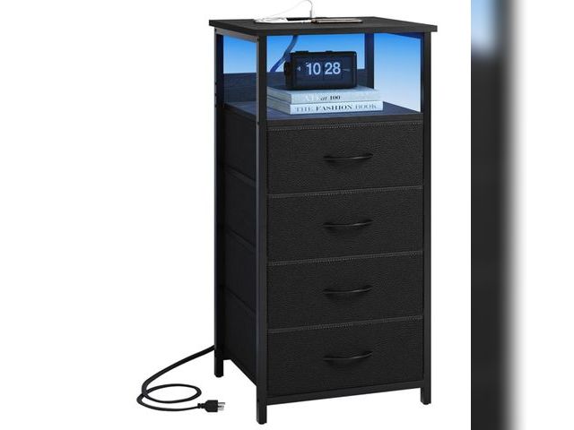 Lot 96-170901 - Fixwal Night Stand with Charging Station, Tall Nightstand with U-S-B Ports and Outlets, 4 Fabric Sto...