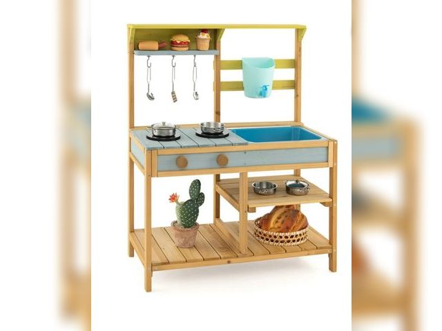 Lot 96-192287 - Costway Wooden Play Kitchen Set, Outdoor Kid's Mud Kitchen with Faucet &amp; Water Box MSRP $119.99 ...