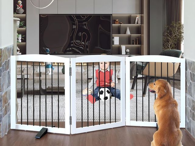 Lot 96-169498 - Freestanding Panel Dog Gate for Indoor Doorways, Stairs, or Hallways - Foldable Wooden Pet Gate, 24"...
