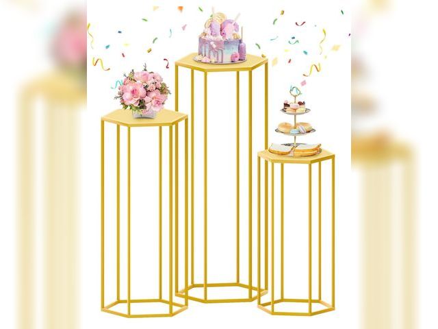 Lot 96-164025 - Hexagon Pedestal Stand Gold Cylinder Stands for Party 3Pcs Metal Plant Stand Tall Cake Cylinder Pede...