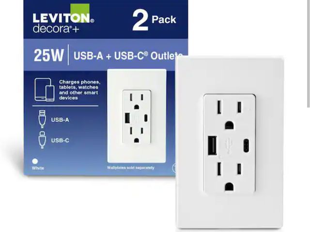 Lot 96-167044 - Leviton 15 Amp Decora Tamper-Resistant Duplex Outlet with Type A and C USB Charger, White (2-Pack) T...
