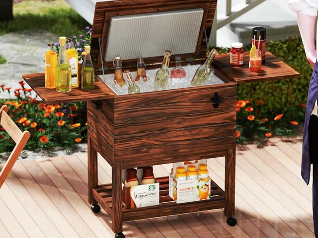 Lot 96-192296 - 54 Quart Rolling Wooden Patio Cooler
Cart w/ 2 Drop Leaf Tables Bottle Opener MSRP $199.99 New