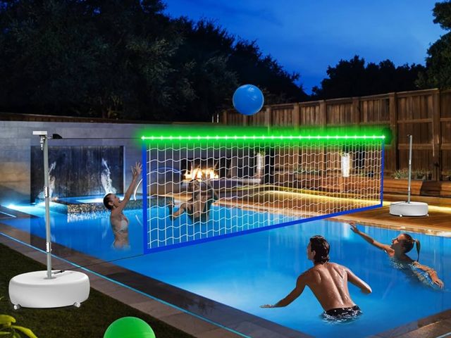 Lot 96-171453 - Pool Volleyball Net Set with LED Lights, Solar Powered Volleyball Net with Adjustable 15ft-32ft Leng...