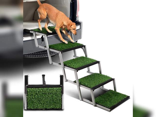 Lot 96-188211 - Extra Wide Dog Stairs for Car, Portable Folding Dog Steps for Large Dogs with Non-Slip Grass Rug for...