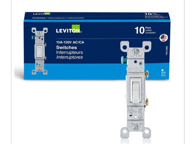 Lot 96-164808 - Leviton 15 Amp Single-Pole Switch, White (10-Pack) 1451-2WM Unused