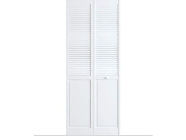 Lot 96-174199 - Veranda 30 in. x 80 in. Louver/Panel Solid Core White Painted Pine Wood Bi-fold Door with Hardware M...
