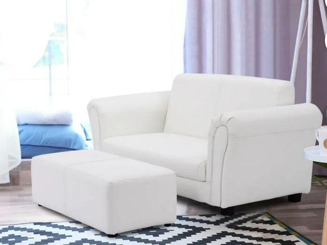 Lot 96-192313 - Costway White Kids Sofa Armrest Chair Couch Lounge Children Birthday Gift w/ Ottoman
New