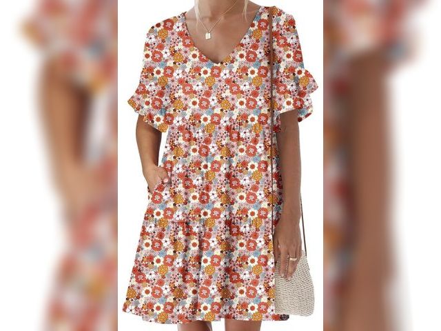 Lot 96-232670 - Dresses for Women Summer 2026 V Neck Ruffle Sleeve A Line Tiered Flowy Casual Trendy Mini Beach Dres...