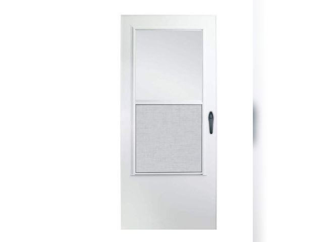 Lot 96-191626 - EMCO 36 in. x 80 in. White Universal
3/4-Light Vinyl Storm Door with Black Hardware MSRP $154, Unuse...