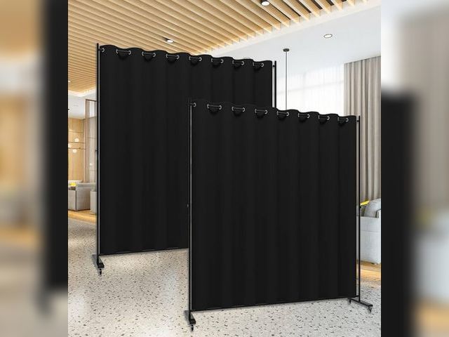 Lot 96-160437 - Room Divider Kit, 13.1 ft x 6.6 ft, 4 Rolling Wheels Curtain Divider Stand, Metal Frame, Darking Cur...
