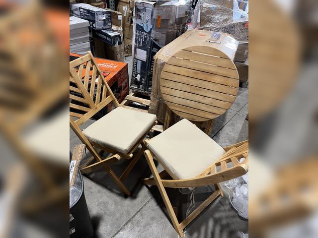 Lot 96-163140 - Werph Brown 3-Piece Acacia Wood Outdoor Bistro Set with Light Gray Cushions, Round Outdoor Bistro Ta...
