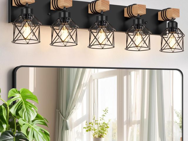 Lot 96-163931 - FadimiKoo 5-Light Wooden Black Bathroom Light Fixtures, Rustic Style Vanity Wall Sconces Lighting wi...