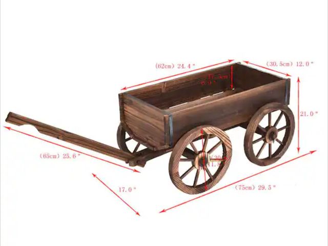 Lot 96-188601 - Costway Brown Wood Wagon Flower Outdoor Wood Plant Stand Pot Stand with Wheels New MSRP $115