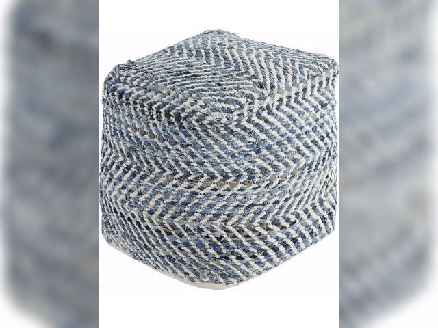 Lot 96-173530 - Signature Design by Ashley Chevron Handmade Woven Pouf 18 x 18, Blue and White
New