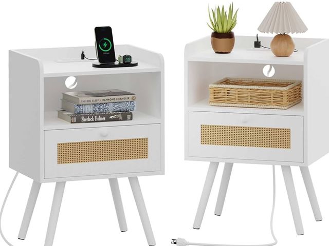 Lot 96-180700 - SUPERJARE Nightstands with Charging Station, Bedside Table Set of 2 with PE Rattan Drawers, Rattan S...