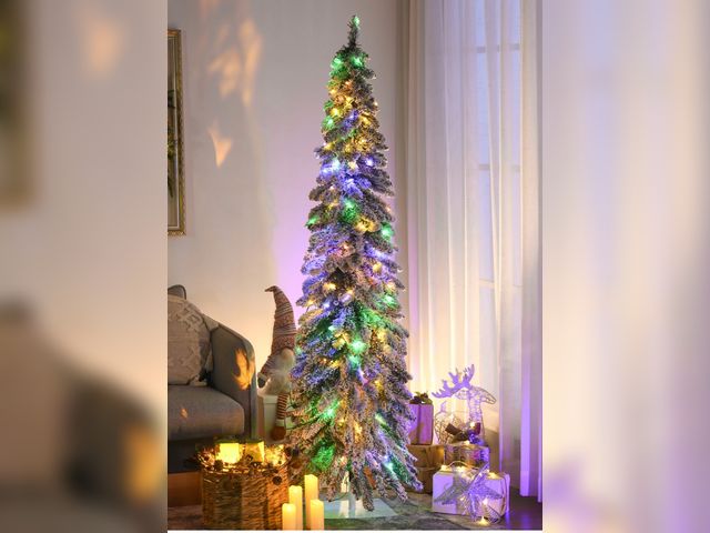 Lot 96-176955 - 6ft Prelit Pencil Xmas Tree with 407 Snow Flocked Branches and LED Light Options
New