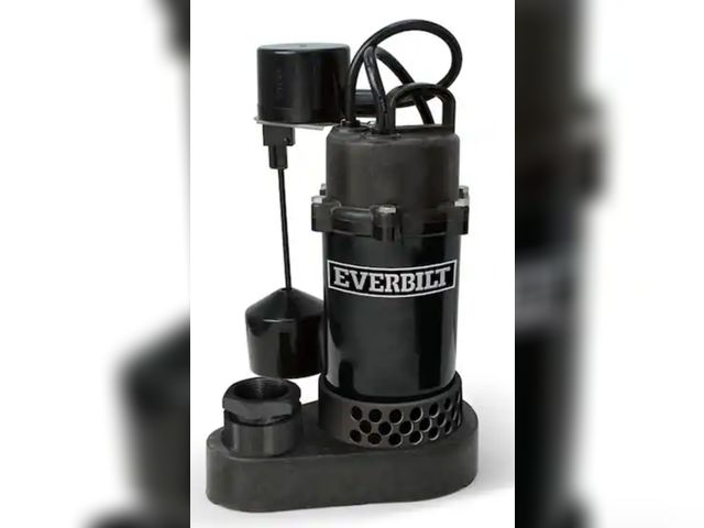 Lot 96-189123 - Everbilt
1/2 HP Aluminum Submersible Sump Pump Vertical Switch
Open box 
Appears Unused 
Msrp $169.0...