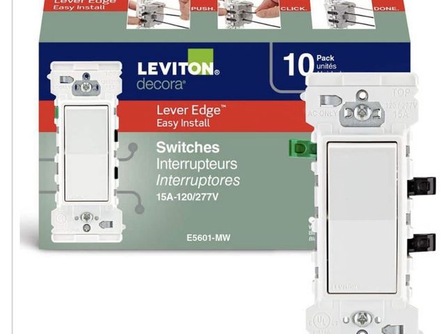 Lot 96-214189 - Leviton
Decora Lever Edge Easy Install
15 Amp 120/277-Volt Single Pole Switch, White (10-Pack)
E5601...