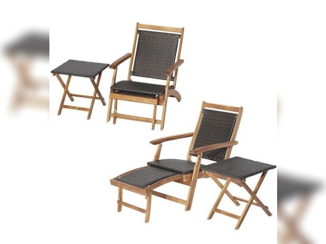 Lot 96-225859 - RELAX4LIFE Patio Lounge Chair Set - Outdoor Acacia Wood Chaise Lounge w/Side Table, Armrest &amp; Re...