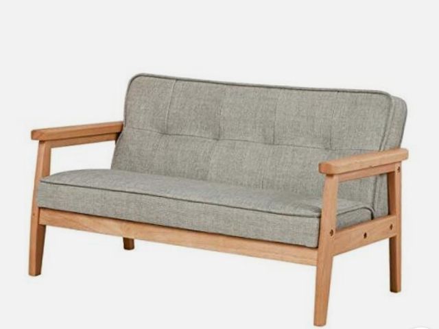 Lot 96-169231 - Double Seater Kid Sofa Chair, Kid Couch with Solid Wood Arm and Linen Pattern PVC for Kids Rest Grey...